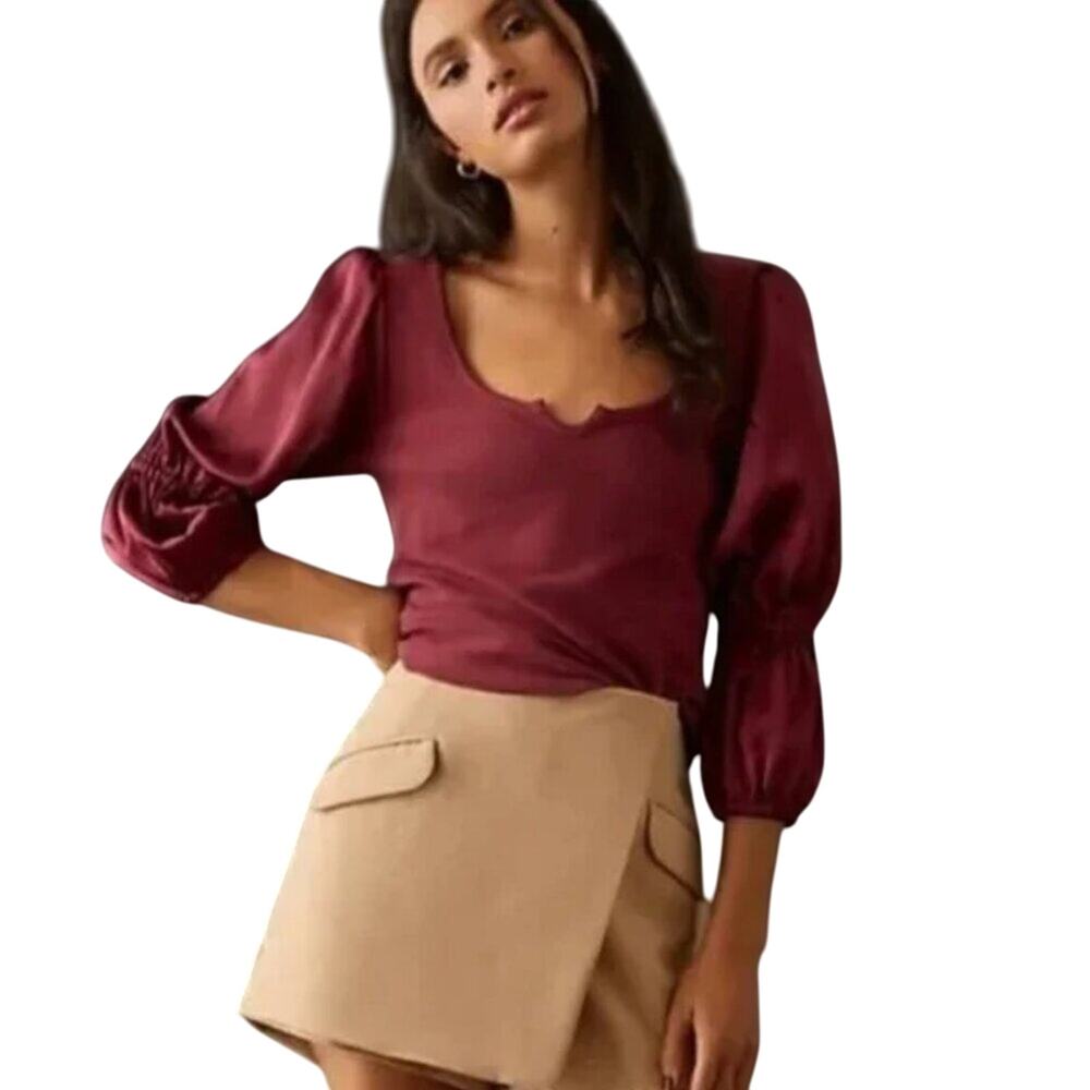 Anthropologie Maeve Ribbed Satin Tiered Long Sleeve Top Size XL Red Burgundy